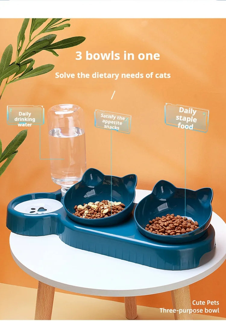 3-in-1 Elevated Cat Feeder - Tilted Triple Dish w/ Gravity Water - Urbane Paws