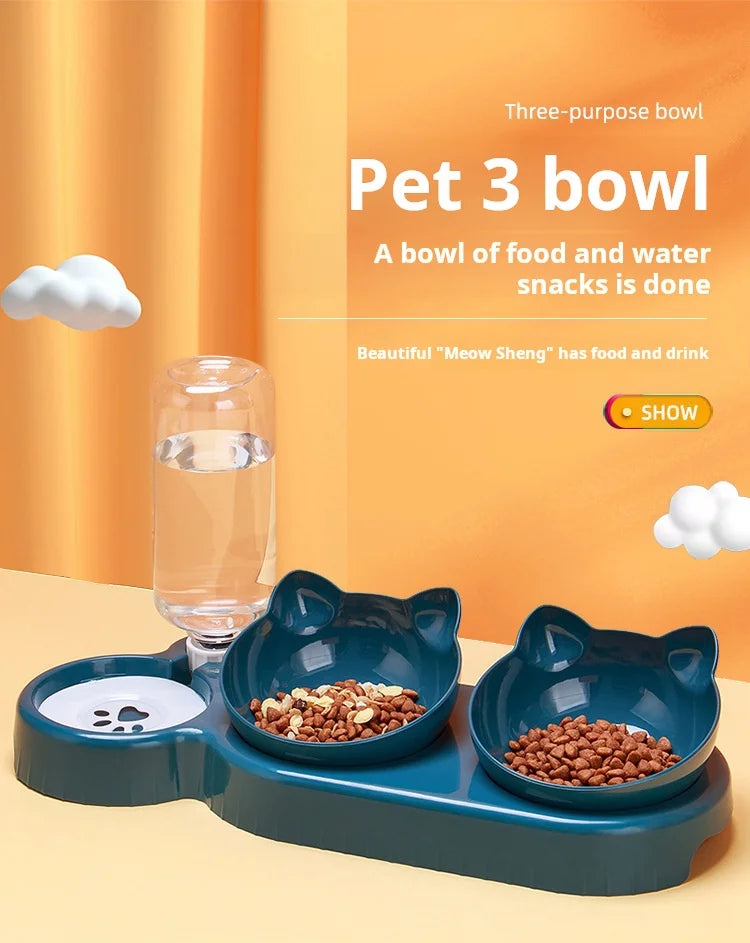 3-in-1 Elevated Cat Feeder - Tilted Triple Dish w/ Gravity Water - Urbane Paws