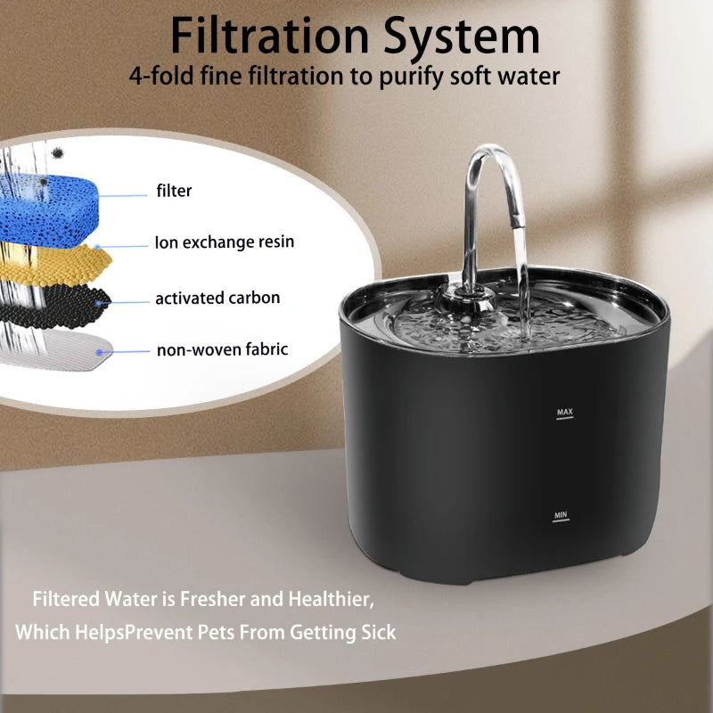 Silent Stainless Steel Faucet Cat Water Fountain - 2.2L Filtered Drinker for Dogs & Cats - Urbane Paws