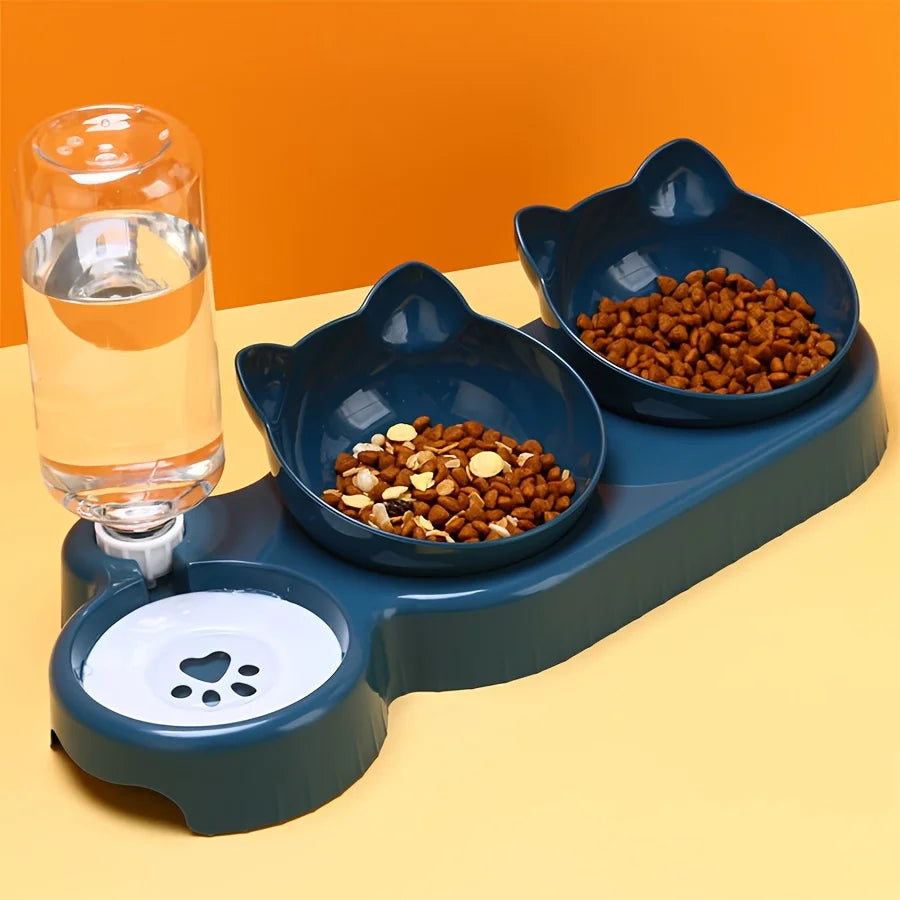 3-in-1 Elevated Cat Feeder - Tilted Triple Dish w/ Gravity Water - Urbane Paws
