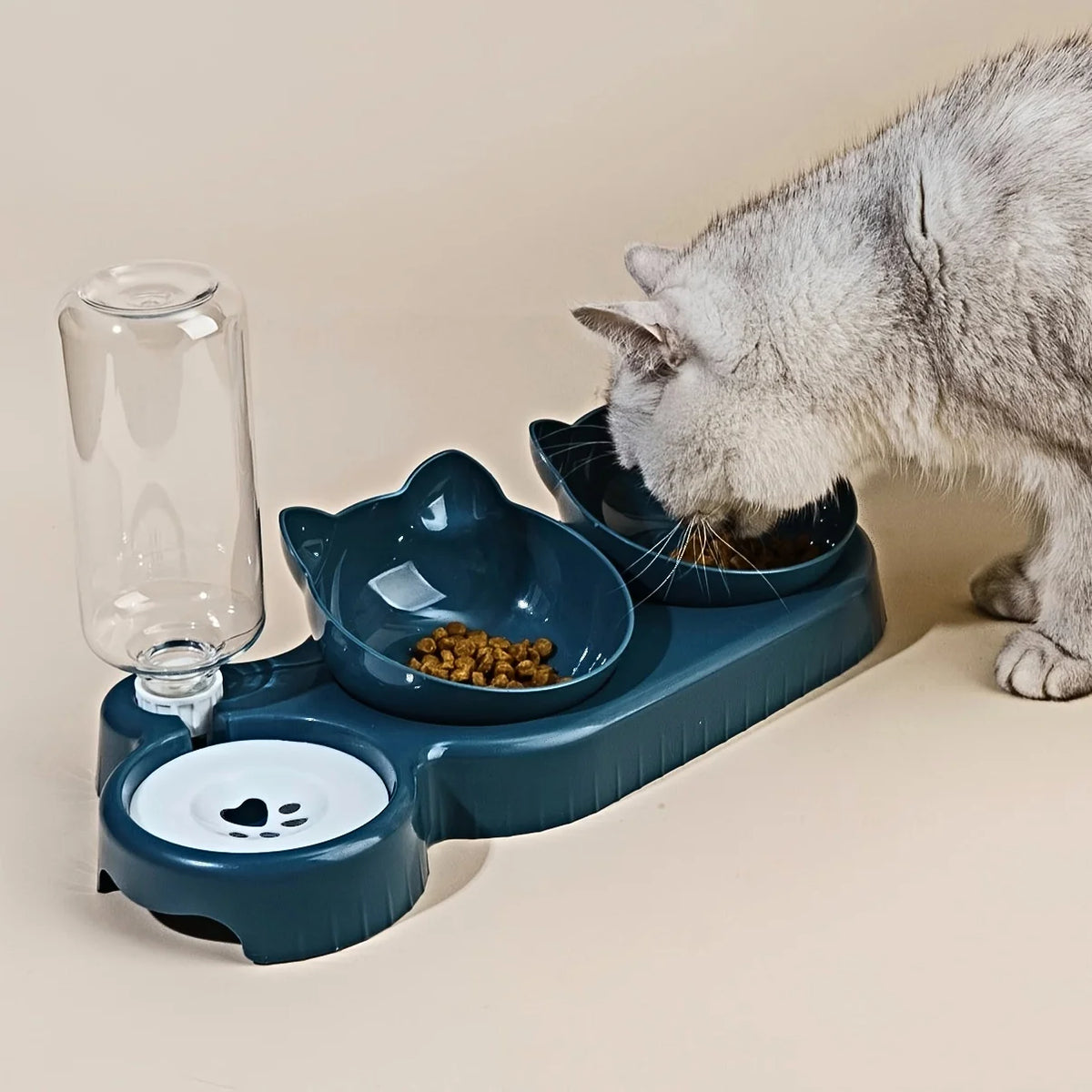 3-in-1 Elevated Cat Feeder - Tilted Triple Dish w/ Gravity Water - Urbane Paws
